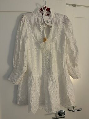 White Eyelet Peasant Tunic with Tassel Tie